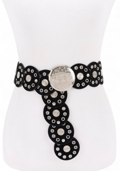 Engraved Round Buckle Studded Western Belt