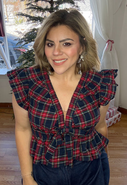 Navy Plaid Peplum Top with Ruffle Sleeves & Front Bow