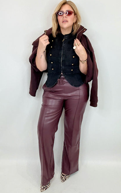 Bordeaux Belted Leather Pants