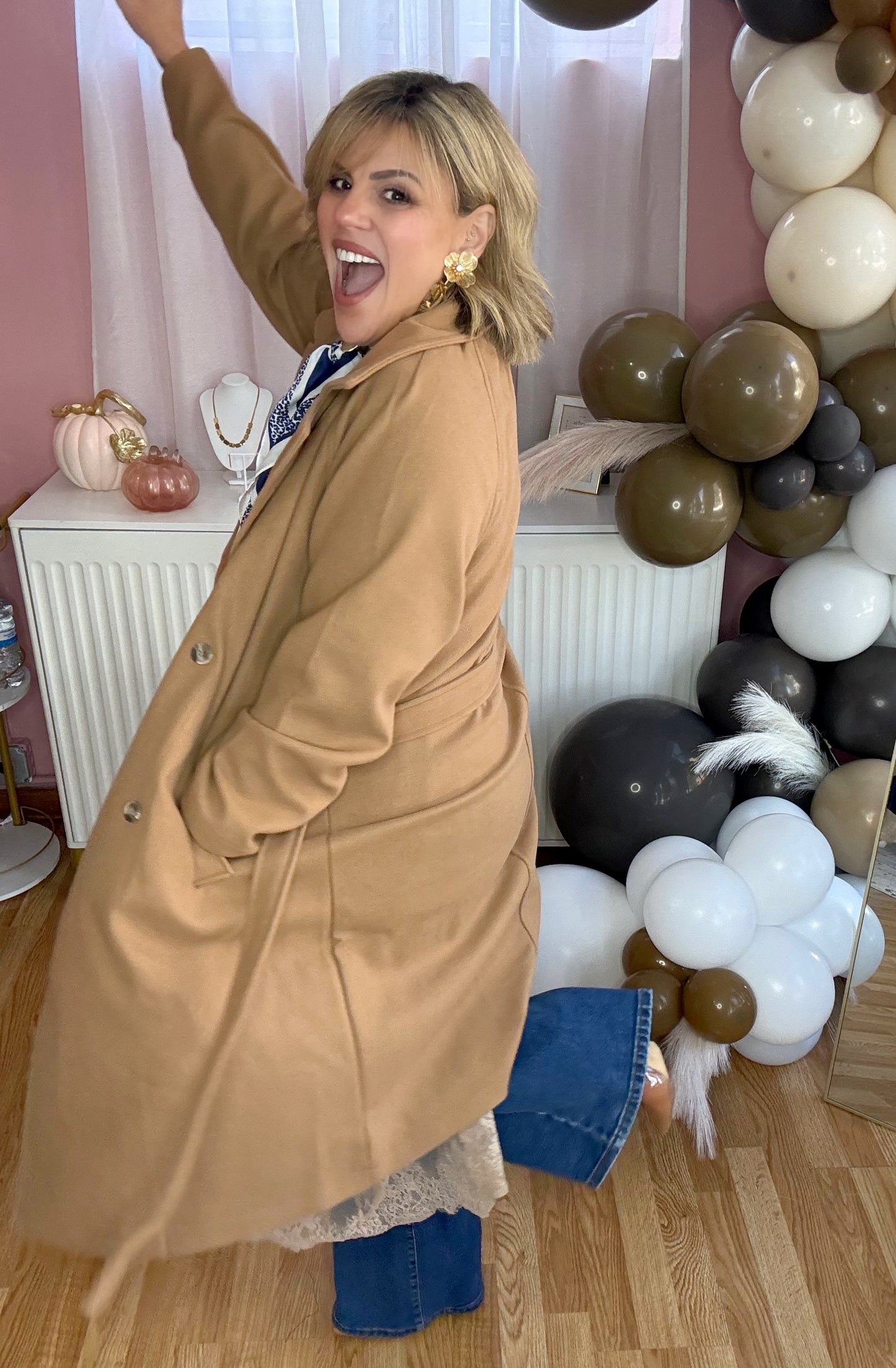 Khaki Camel Double-Breasted Soft Felt Trench Coat