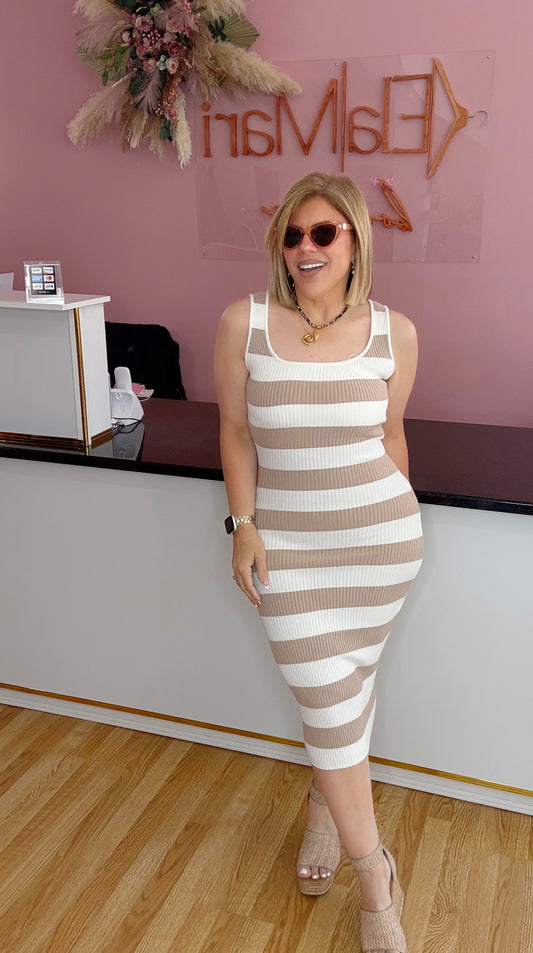 “Stripe into Summer” Taupe & White Bodycon Maxi Dress