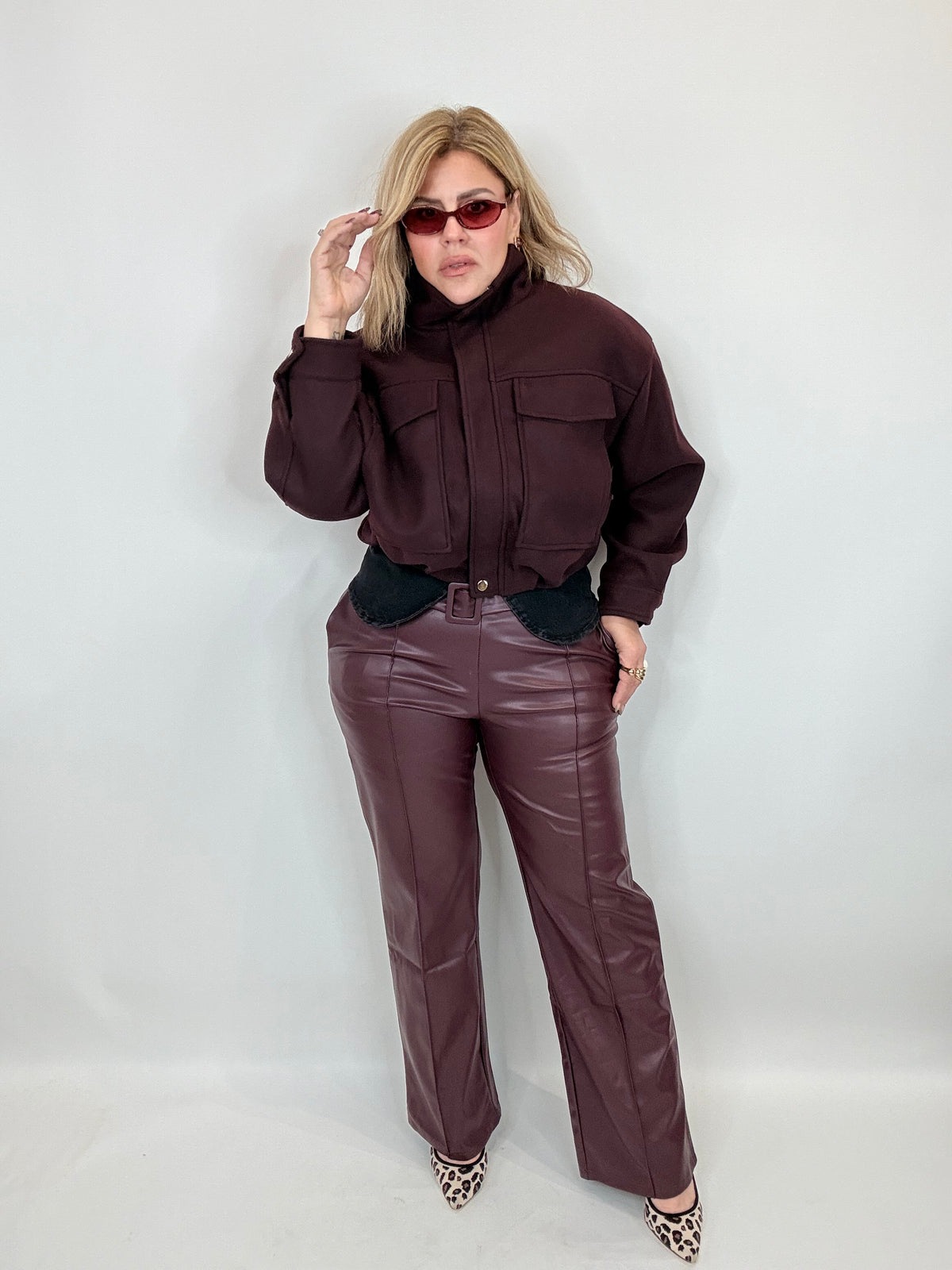 Bordeaux Belted Leather Pants
