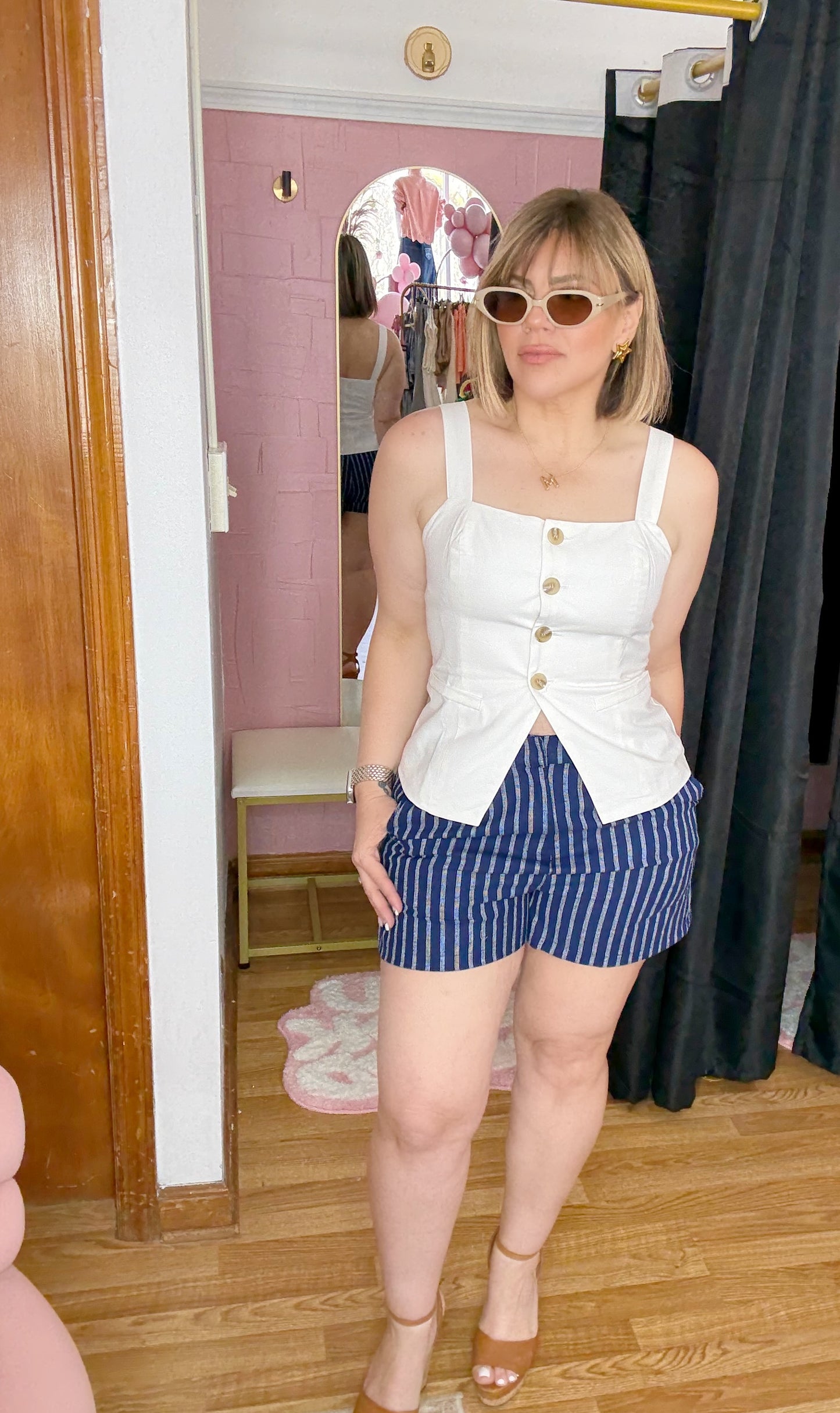Navy Stripe Linen Shorts