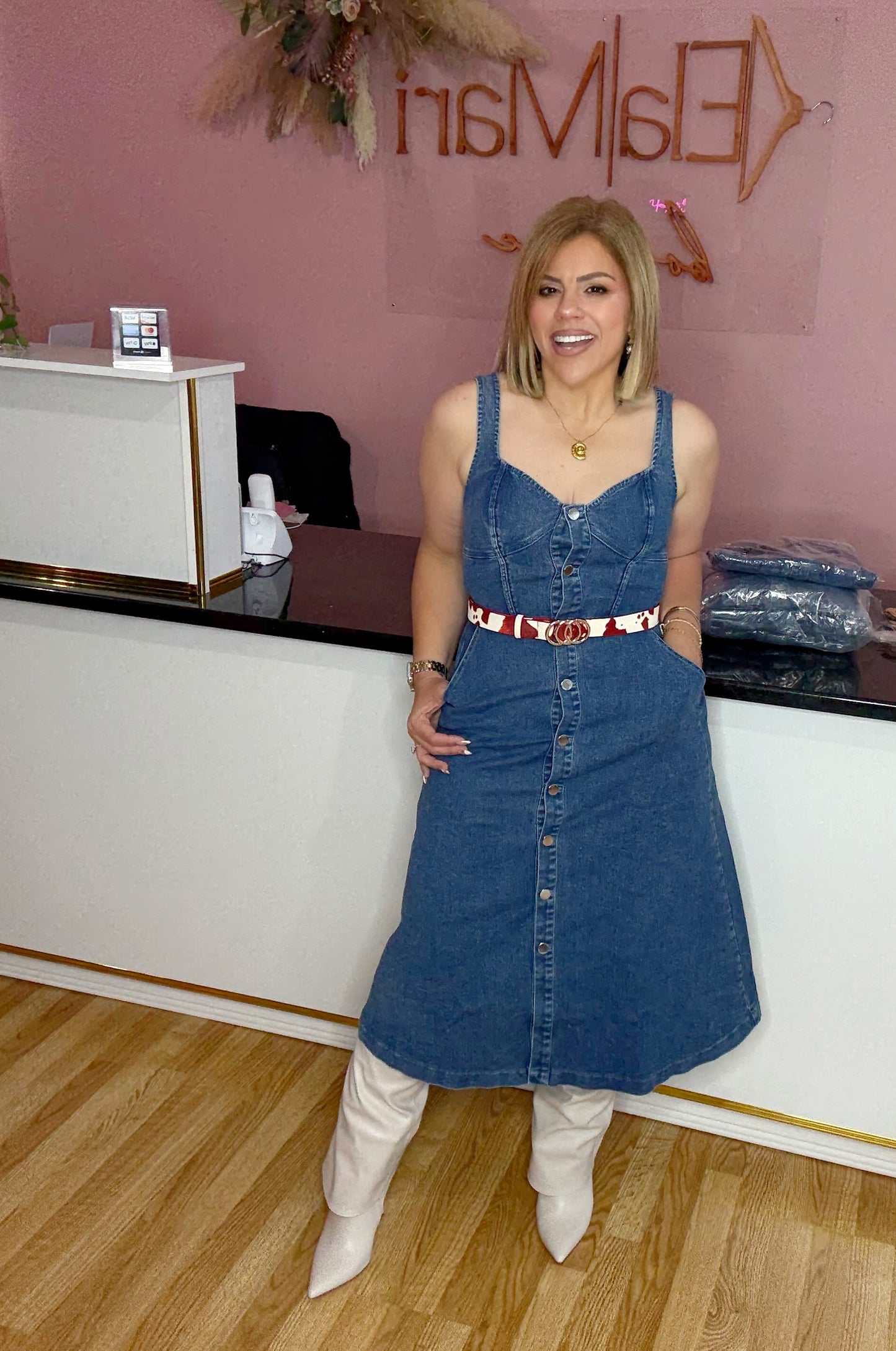 “Denim Darling” Sweetheart Buttoned Skater Midi Dress