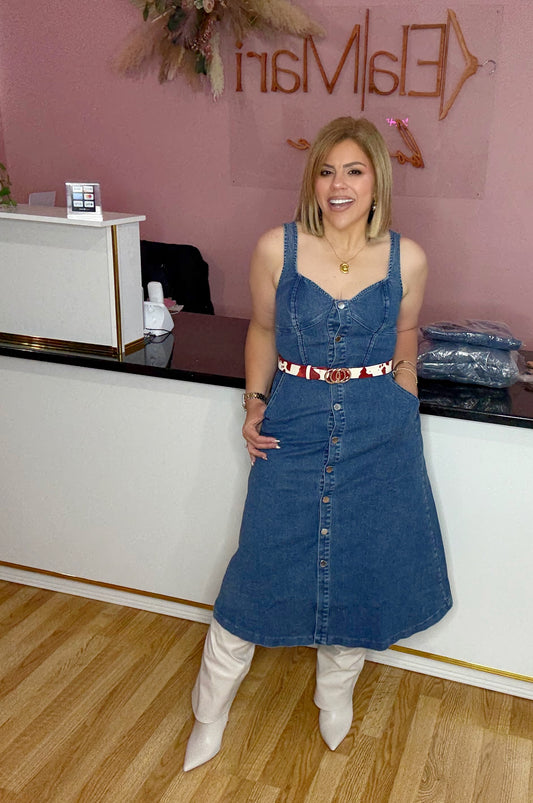 “Denim Darling” Sweetheart Buttoned Skater Midi Dress