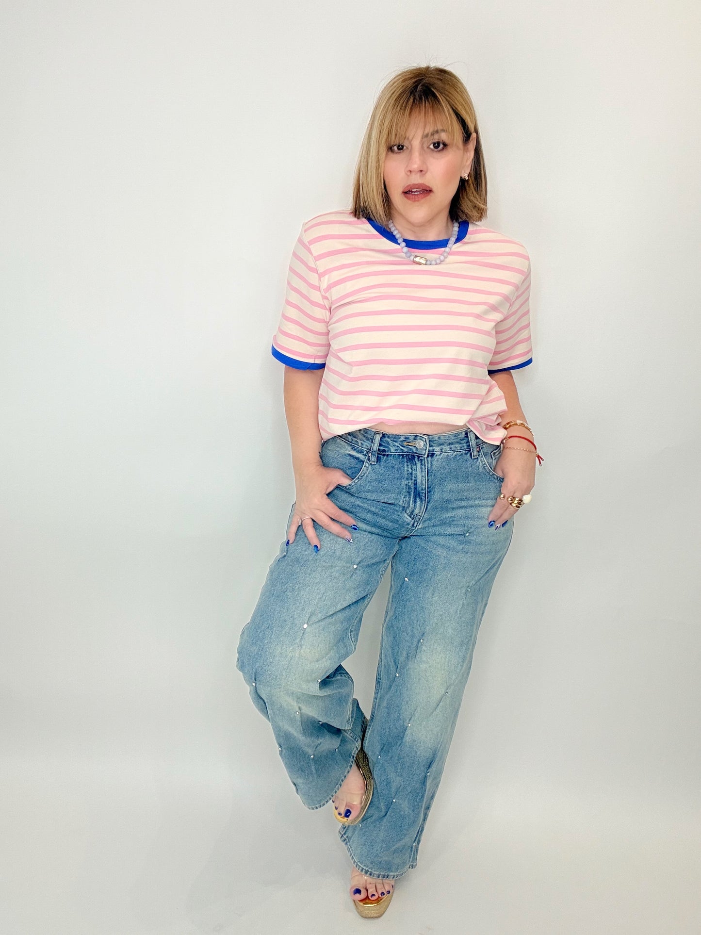 Pink Stripe Contrast Tee