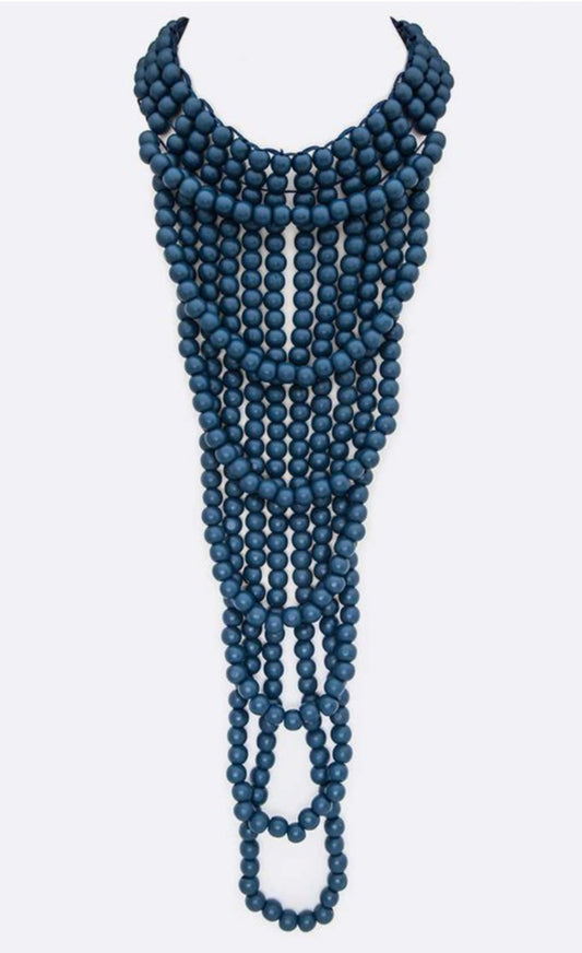 Wooden Bead Statement Necklace Navy