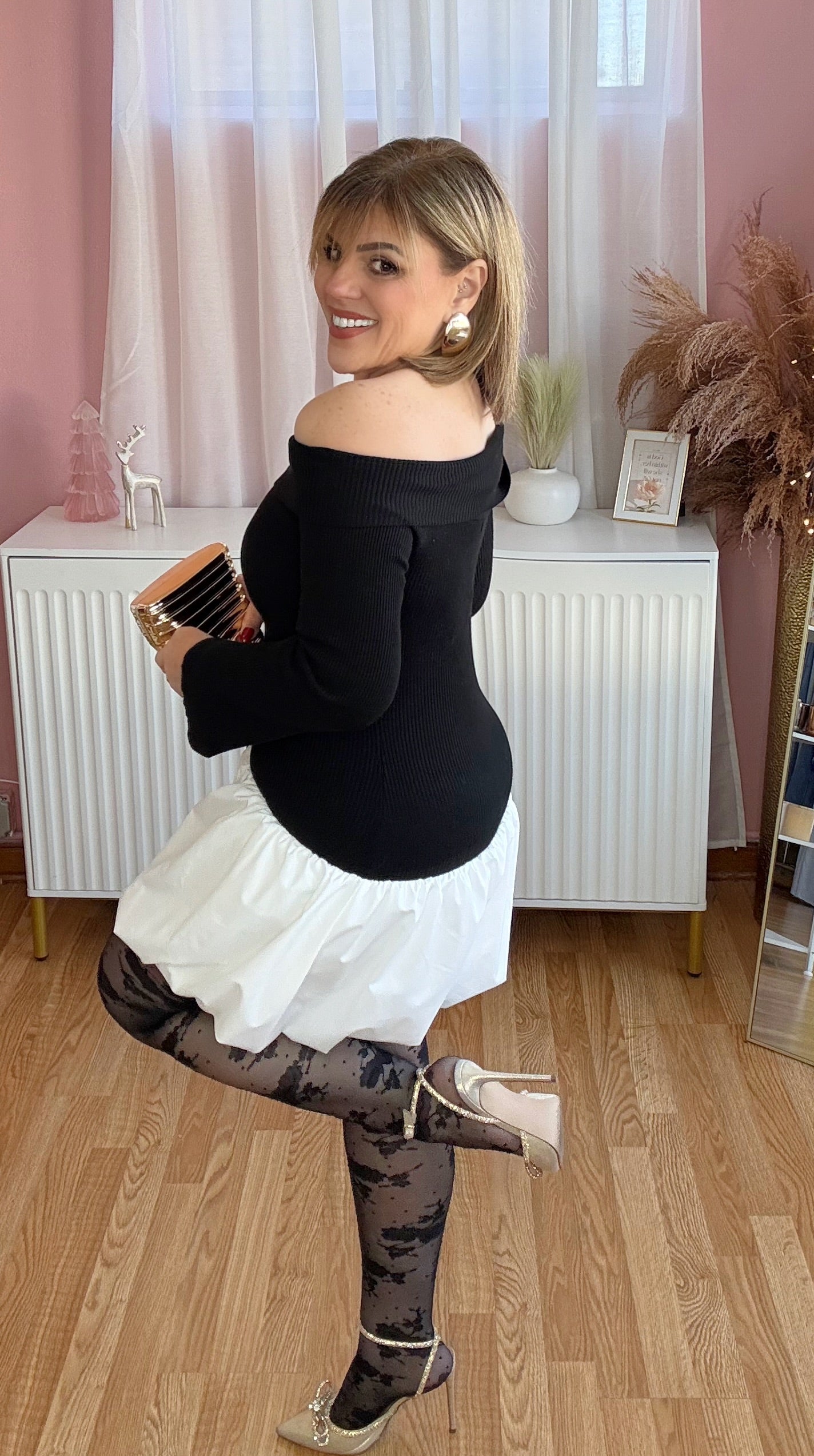 Two-Tone Rib Knit & Bubble Skort Dress