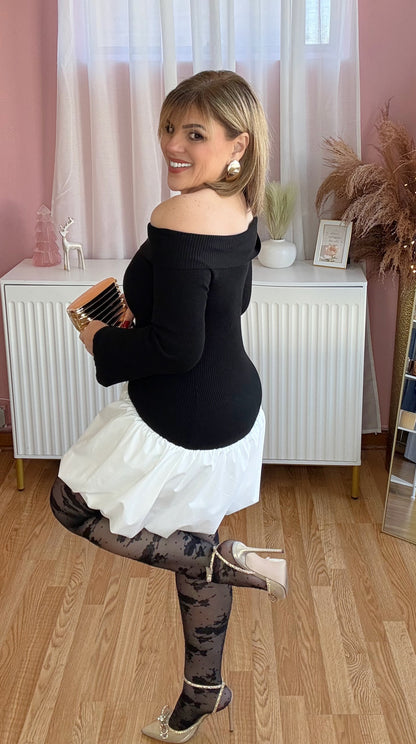 Two-Tone Rib Knit & Bubble Skort Dress