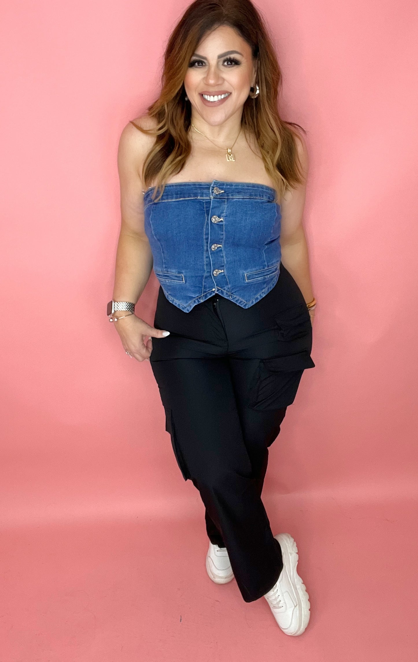 *LAST SMALL* Denim Strapless Button Up Top