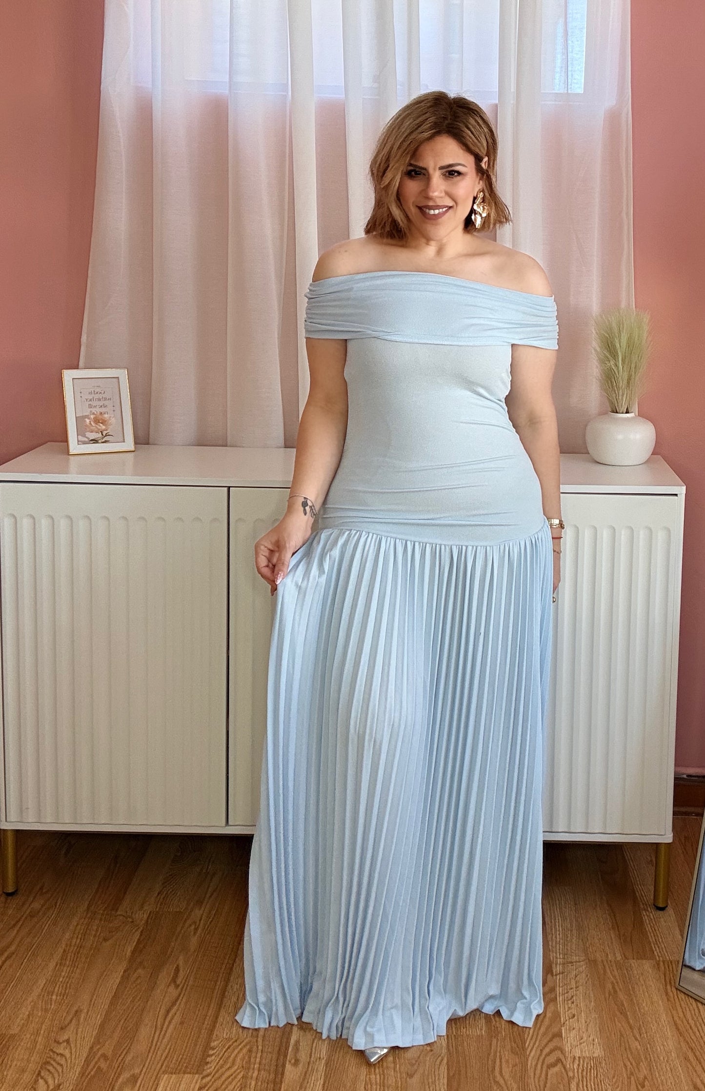 The Celeste Off-Shoulder Pleated Maxi Dress