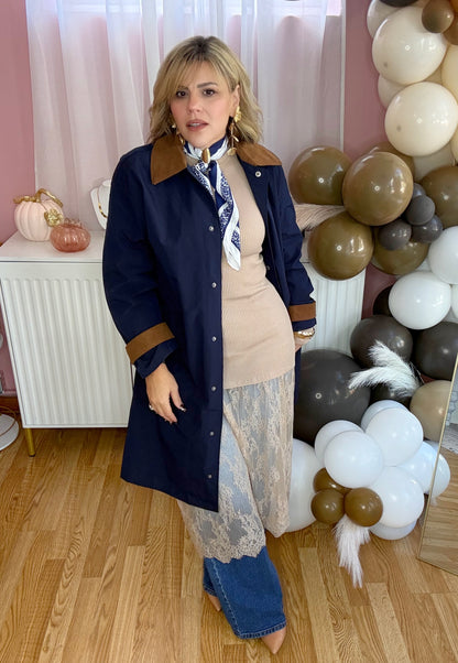 *LAST LARGE* Autumn Elegance Navy & Brown Corduroy Trench