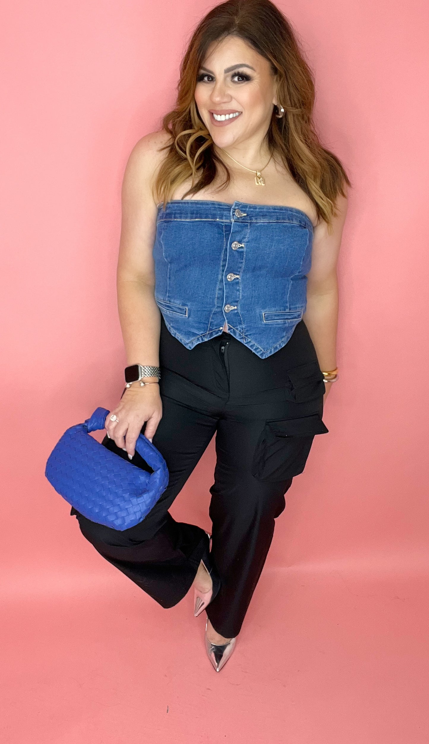 *LAST SMALL* Denim Strapless Button Up Top
