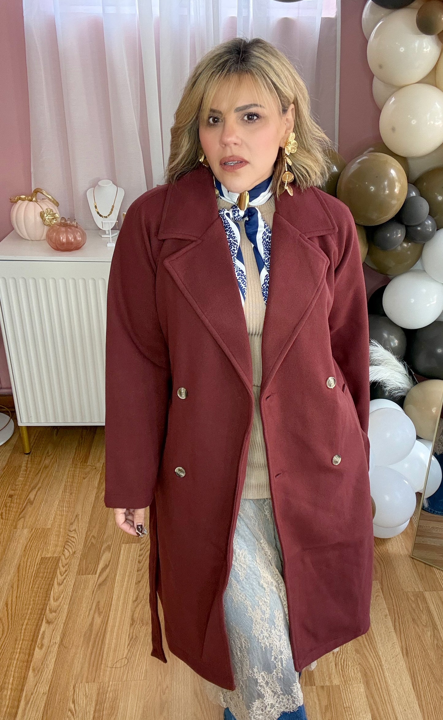 *LAST LARGE* Burgundy Double-Breasted Soft Felt Trench Coat