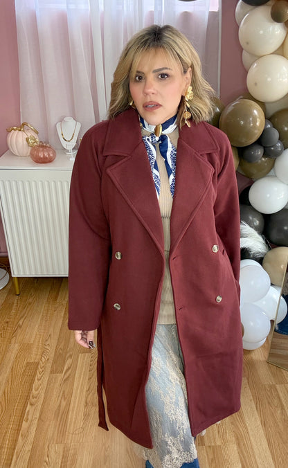 *LAST LARGE* Burgundy Double-Breasted Soft Felt Trench Coat