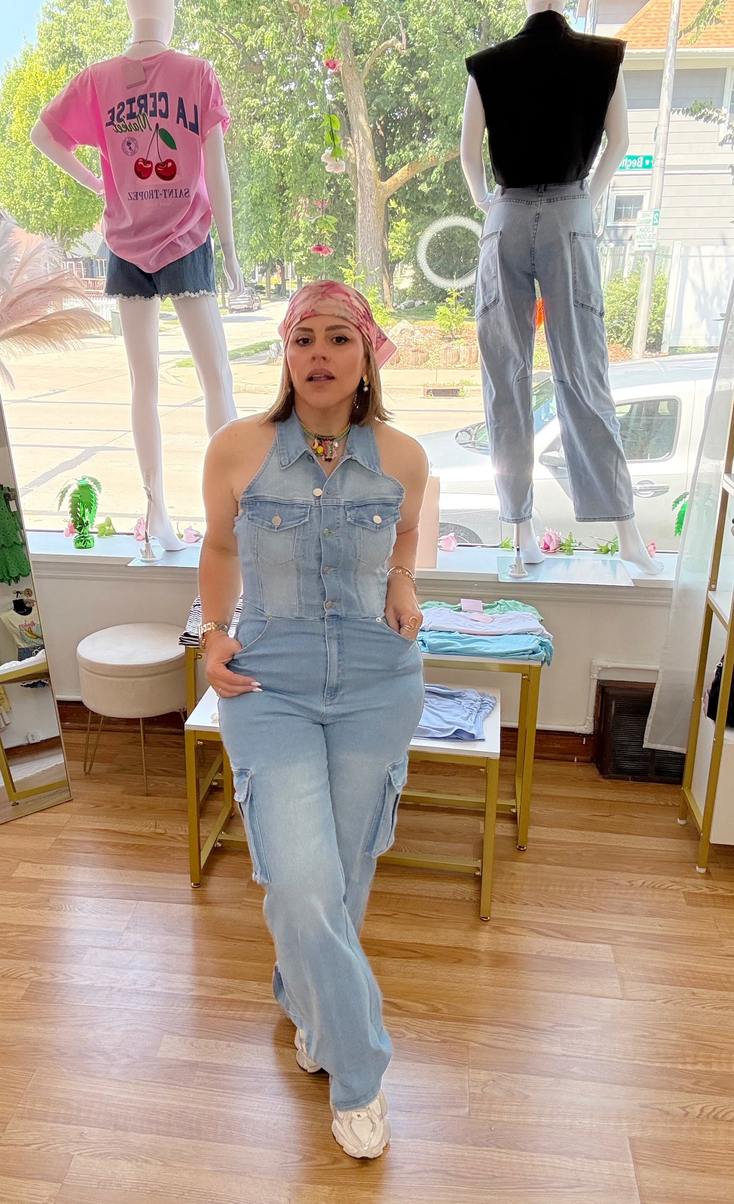 Denim Halter Neck Wide-Leg Jumpsuit