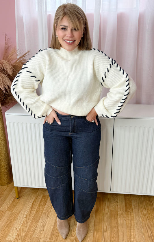 Contrast Stitch Cozy Sweater – Ivory
