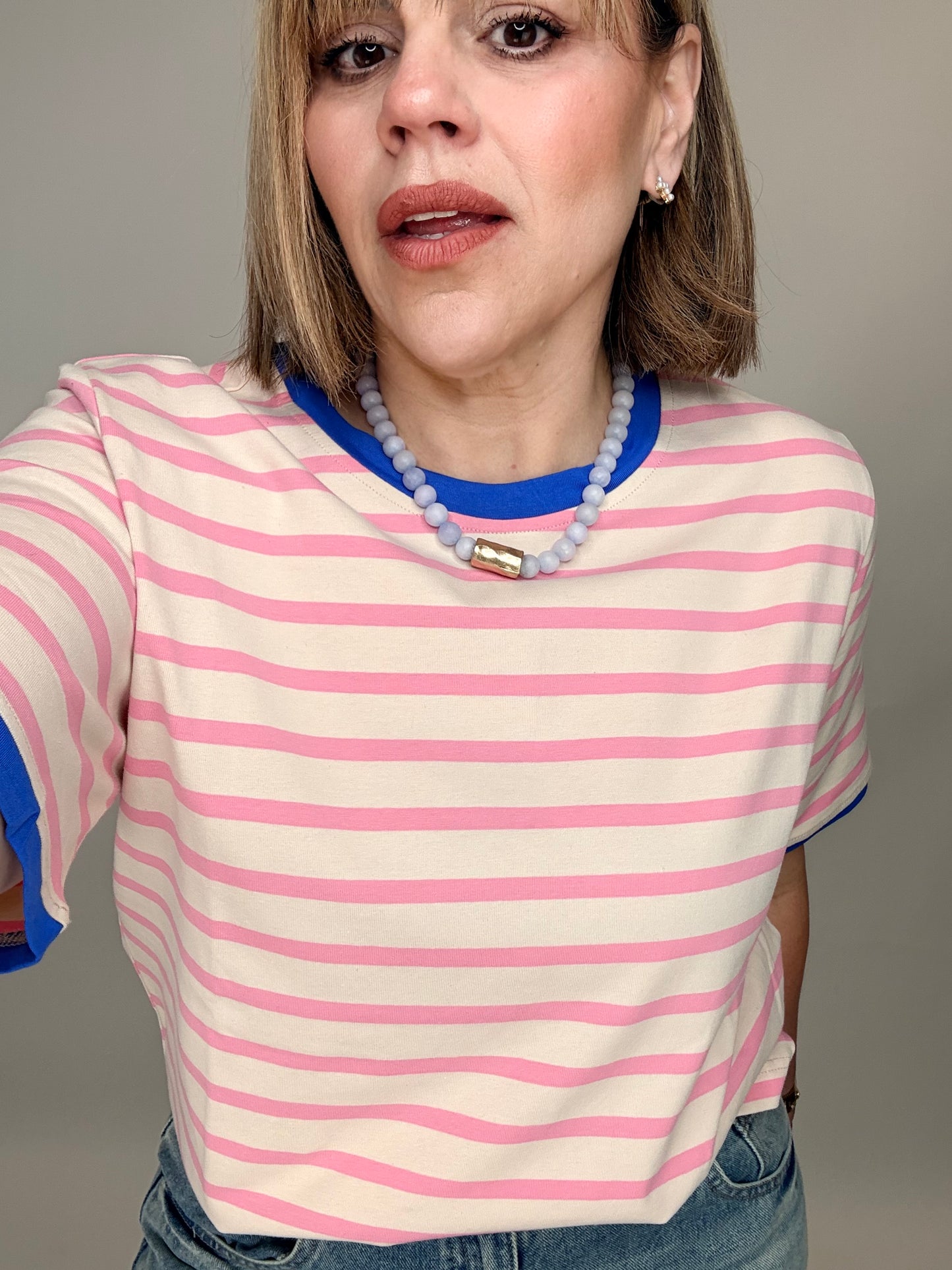 Pink Stripe Contrast Tee