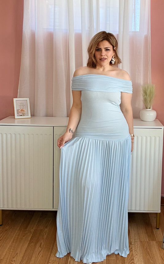 The Celeste Off-Shoulder Pleated Maxi Dress