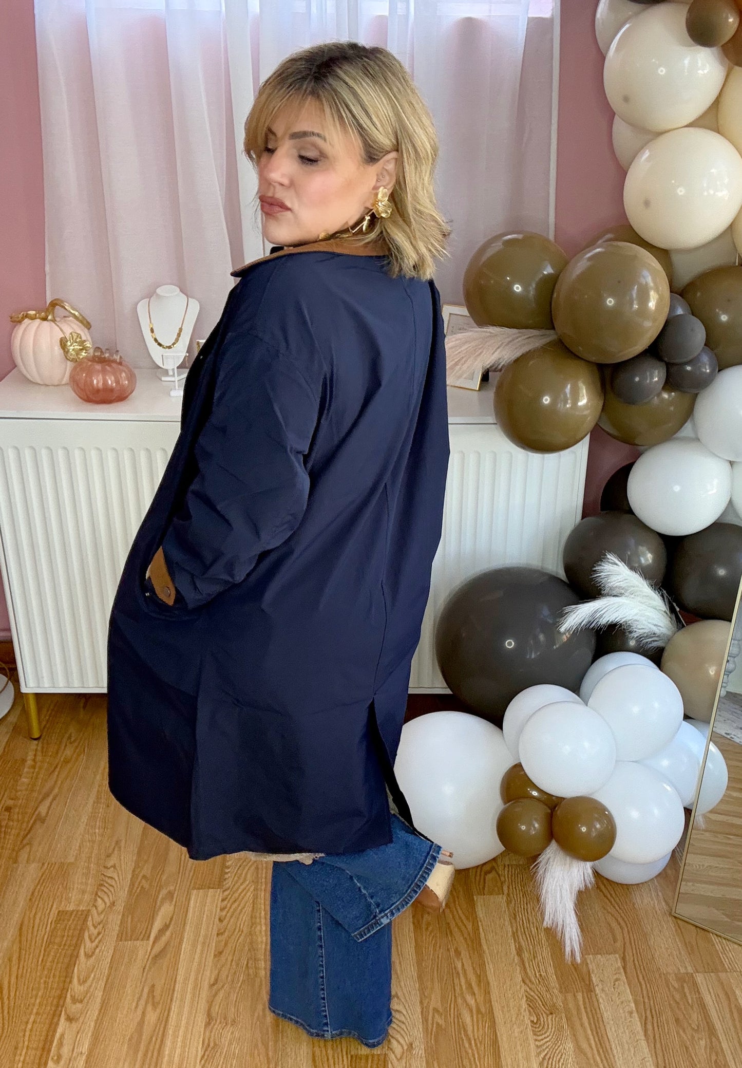 *LAST LARGE* Autumn Elegance Navy & Brown Corduroy Trench