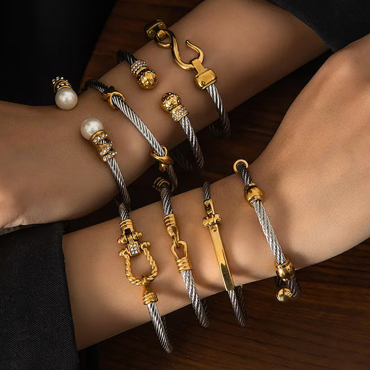18K Gold Plated Geometric Stainless Steel Bangle – Silver, Gold & Two-Tone Waterproof Bracelet