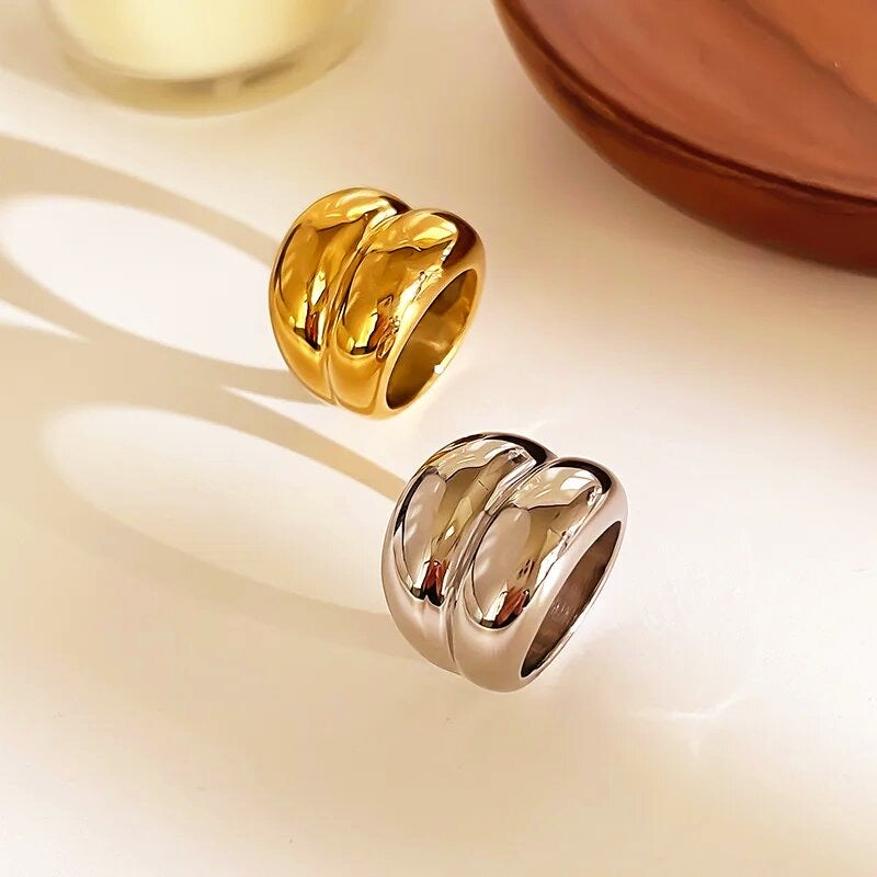 18K Gold Plated Stainless Steel Silver Ring – Classic Hip Hop Waterproof Style size 8