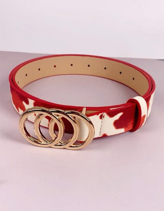 Red & White Cow Print Belt – Double Circle Buckle