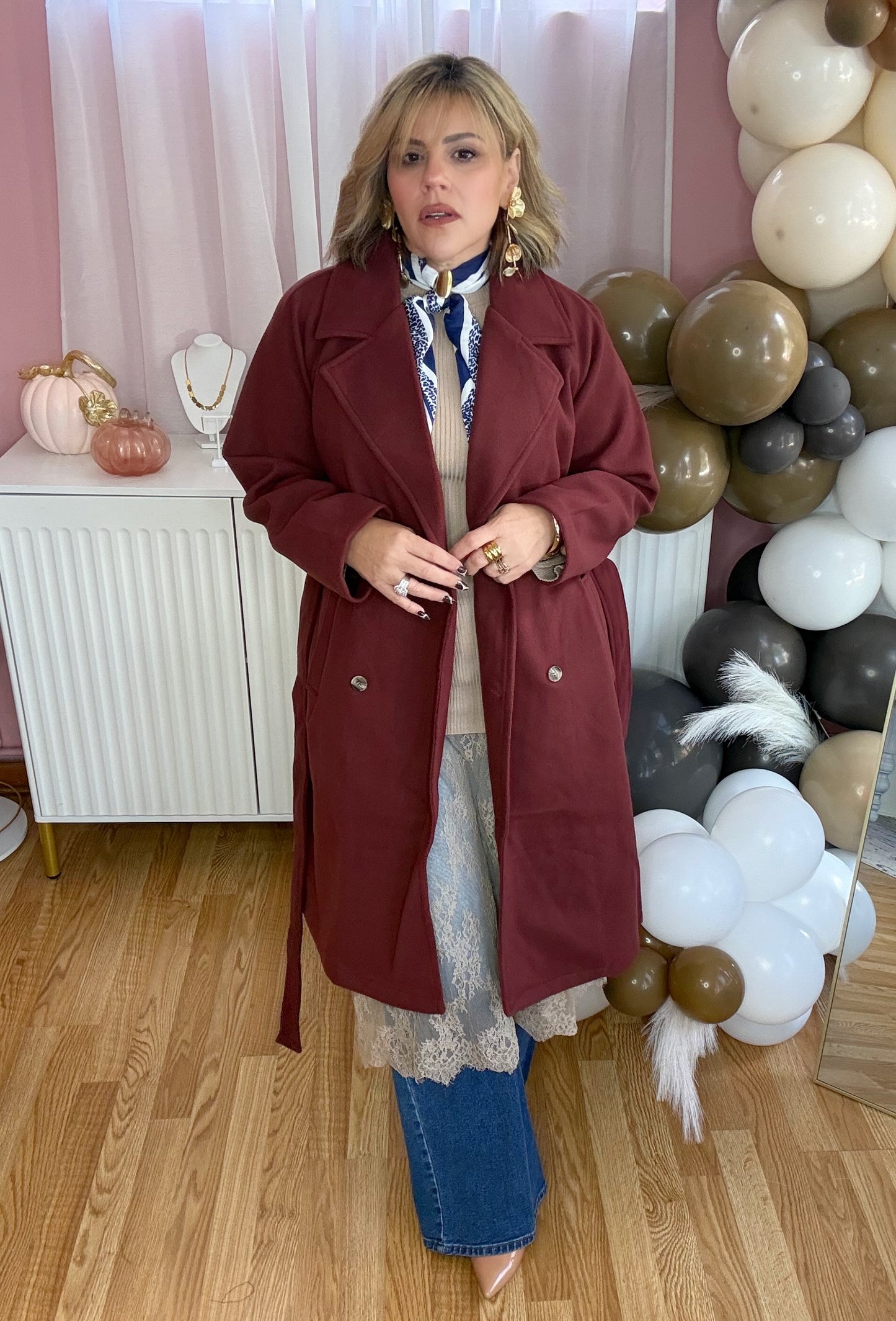*LAST LARGE* Burgundy Double-Breasted Soft Felt Trench Coat