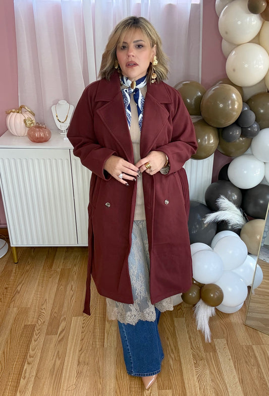 *LAST LARGE* Burgundy Double-Breasted Soft Felt Trench Coat