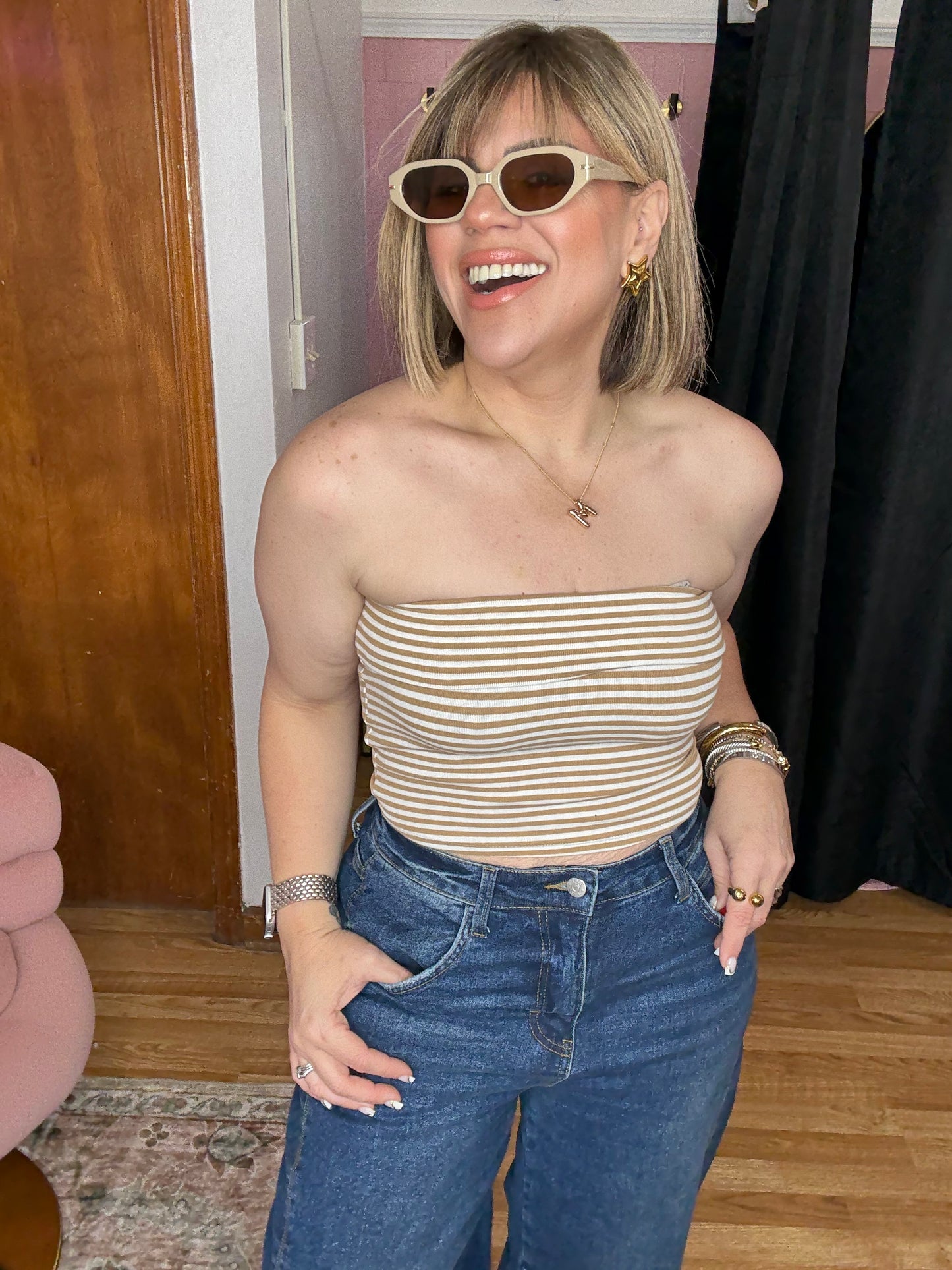 Rebecca Stripes Top In Khaki/White