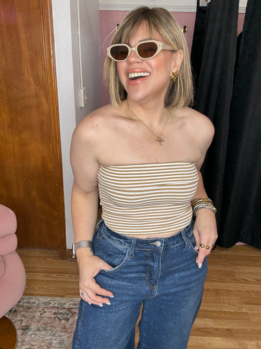 Rebecca Stripes Top In Khaki/White