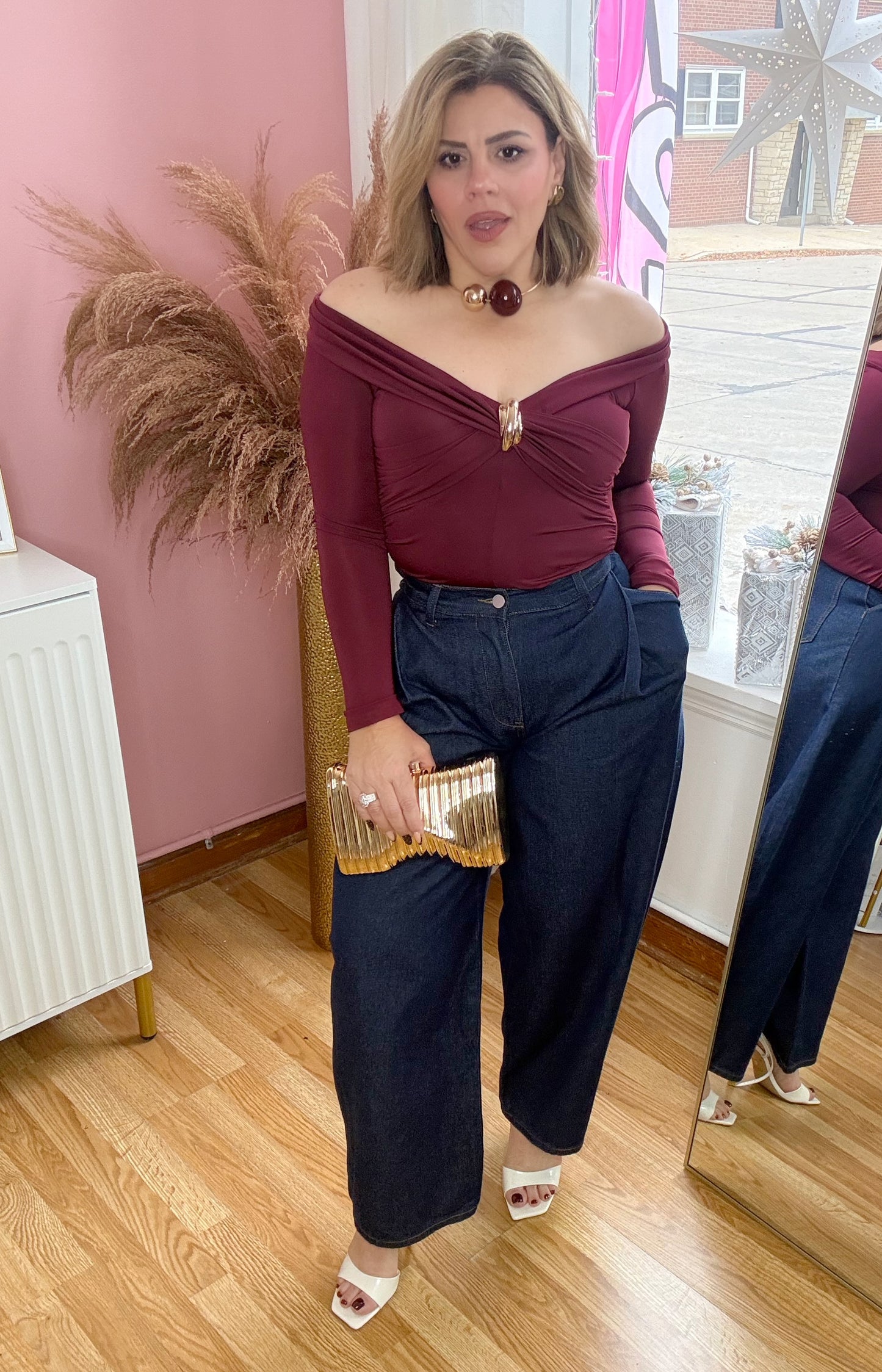 Golden Wine Luxe Off-Shoulder Knot Top