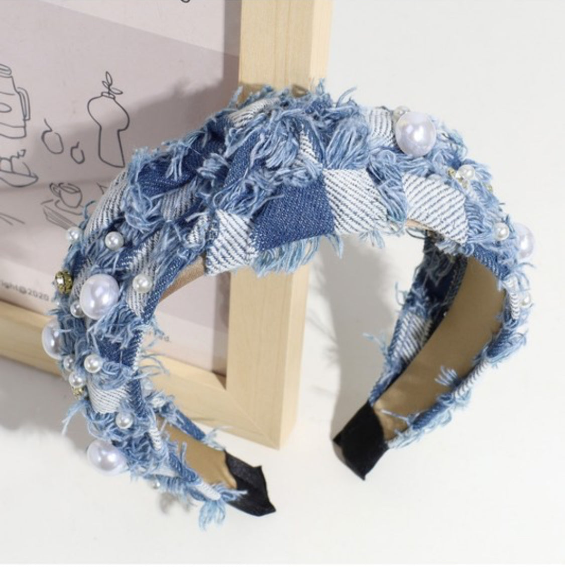Denim Checkered Knot Headband – Light Blue Pearl Detail
