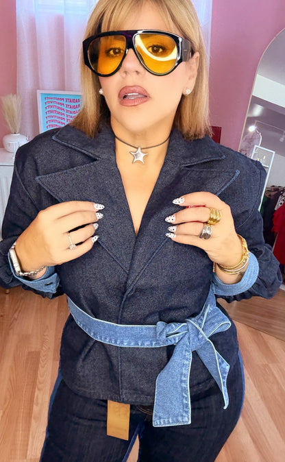 Trendy Dark Denim Long Sleeve Top – Slim Fit, Chic Style