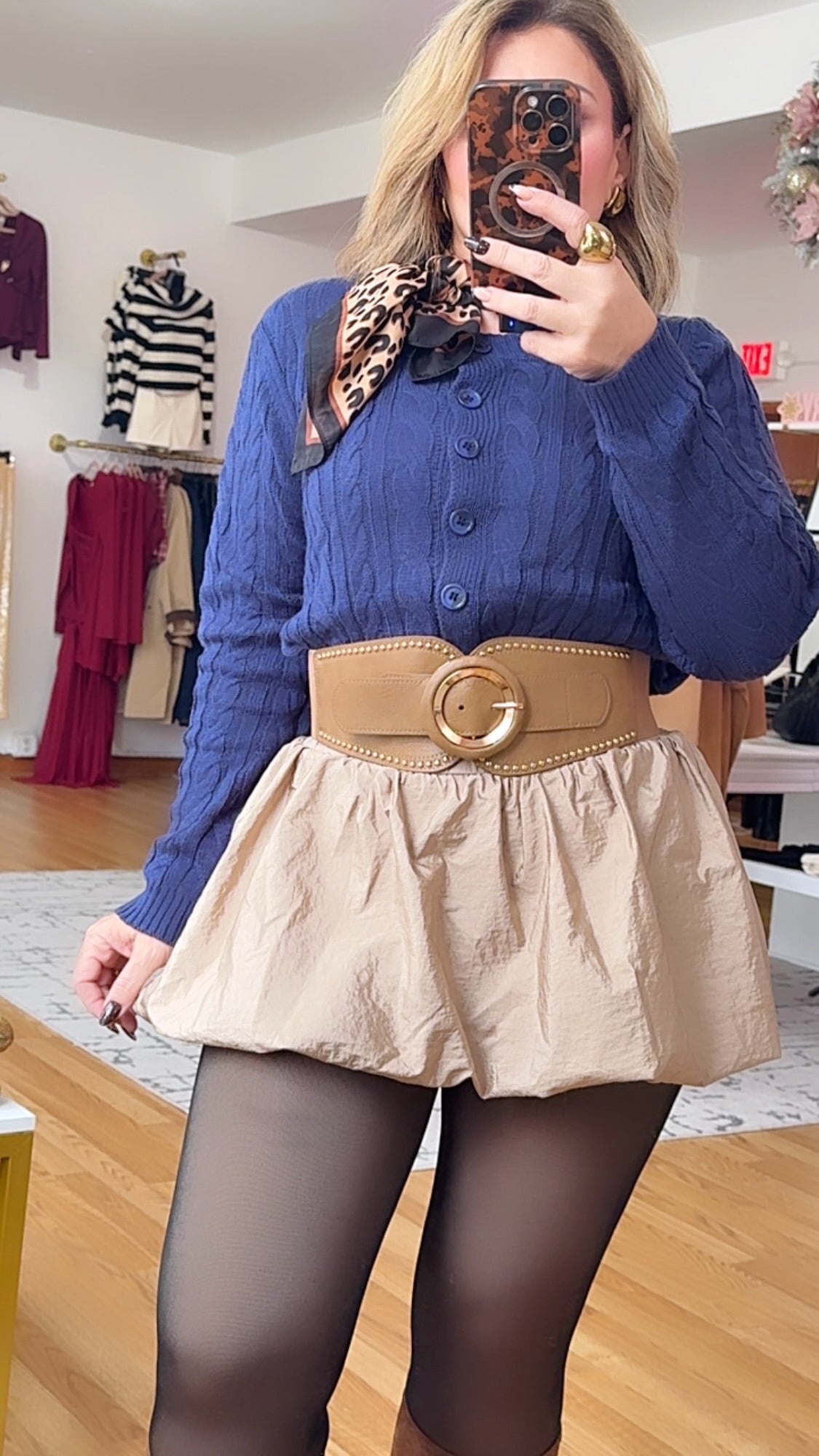 Wide Ring Buckle Western Belt – Elastic Waist, Beige & Gold