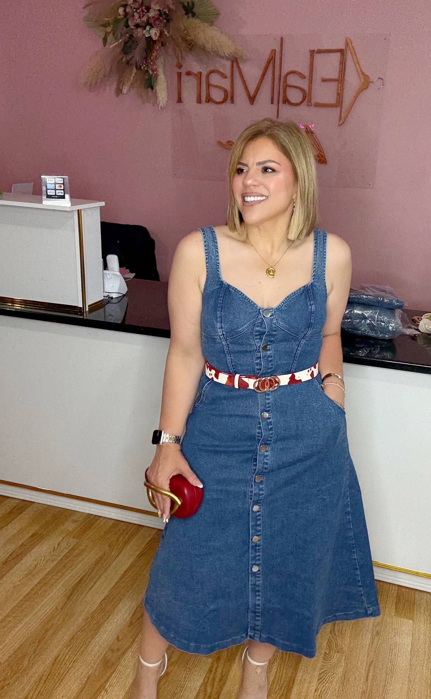 “Denim Darling” Sweetheart Buttoned Skater Midi Dress