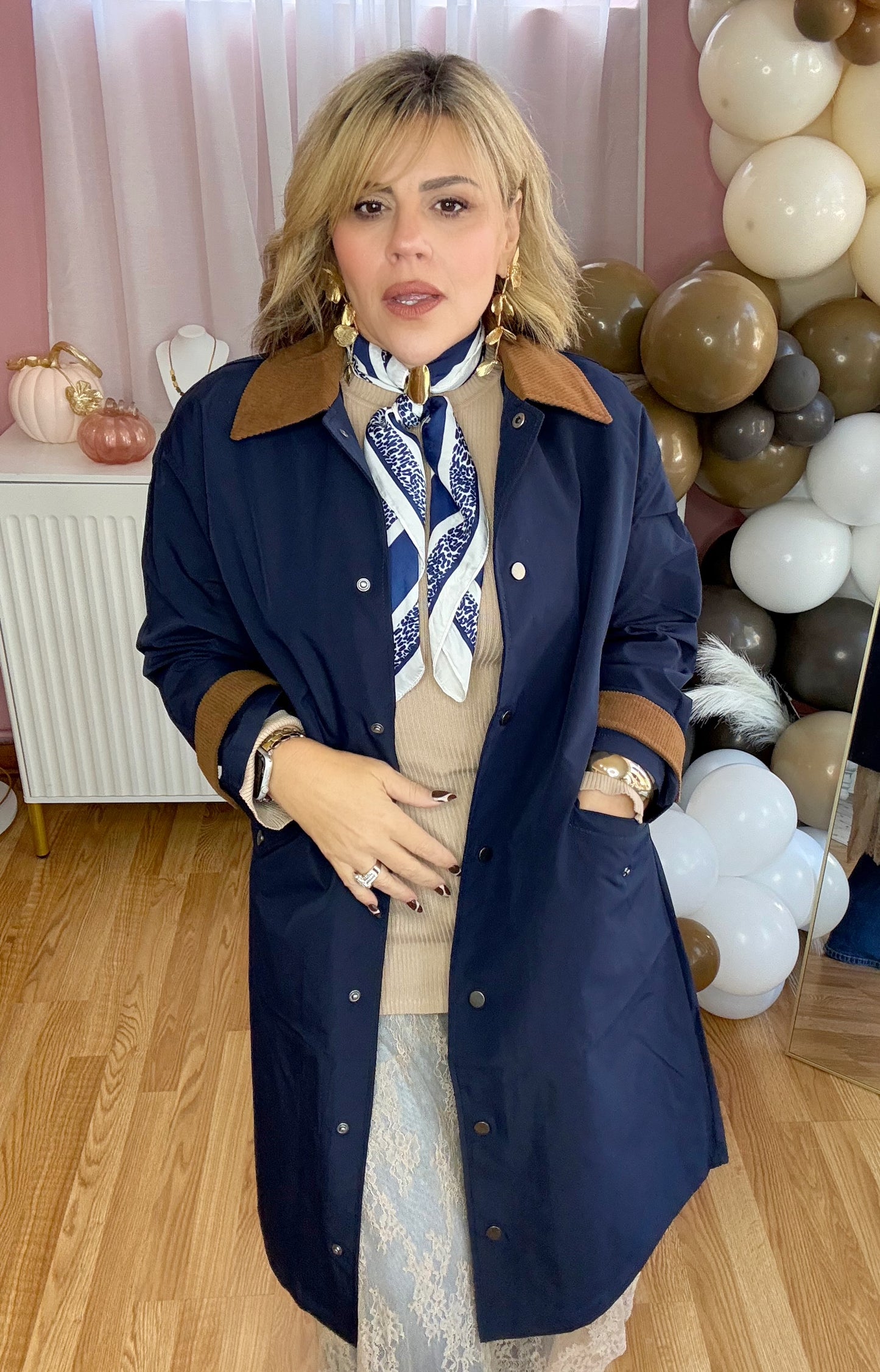 *LAST LARGE* Autumn Elegance Navy & Brown Corduroy Trench