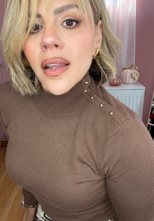 Chocolate Studded Mock Neck Sweater