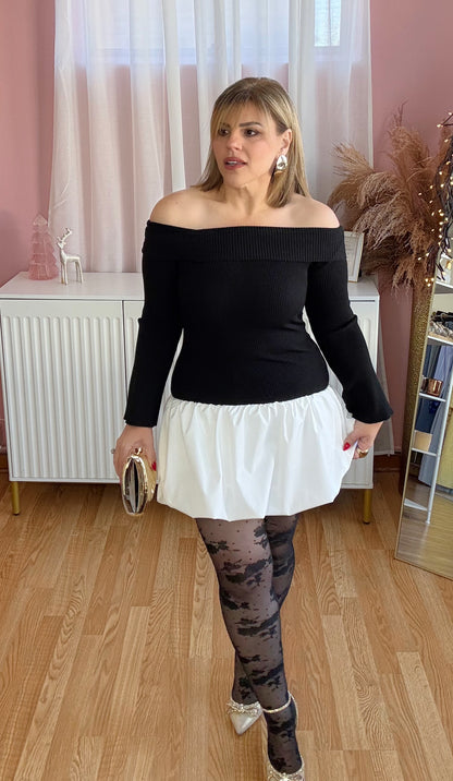 Two-Tone Rib Knit & Bubble Skort Dress