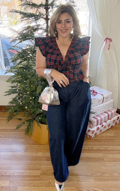 Navy Plaid Peplum Top with Ruffle Sleeves & Front Bow