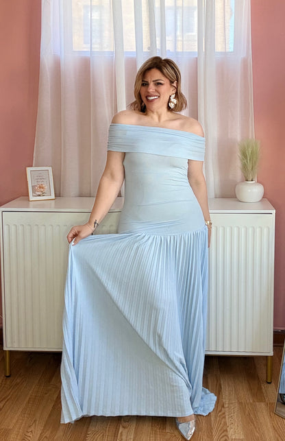 The Celeste Off-Shoulder Pleated Maxi Dress