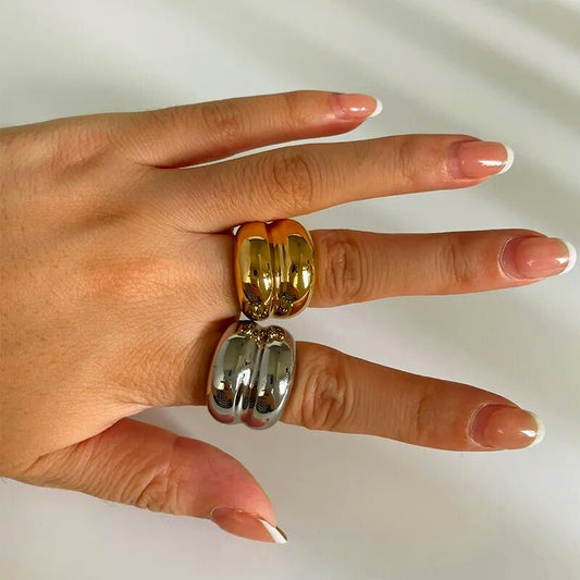 18K Gold Plated Stainless Steel Silver Ring – Classic Hip Hop Waterproof Style size 8