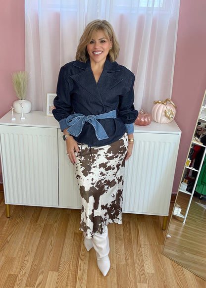 Cowprint Satin Maxi Skirt with Leather Cord Belt