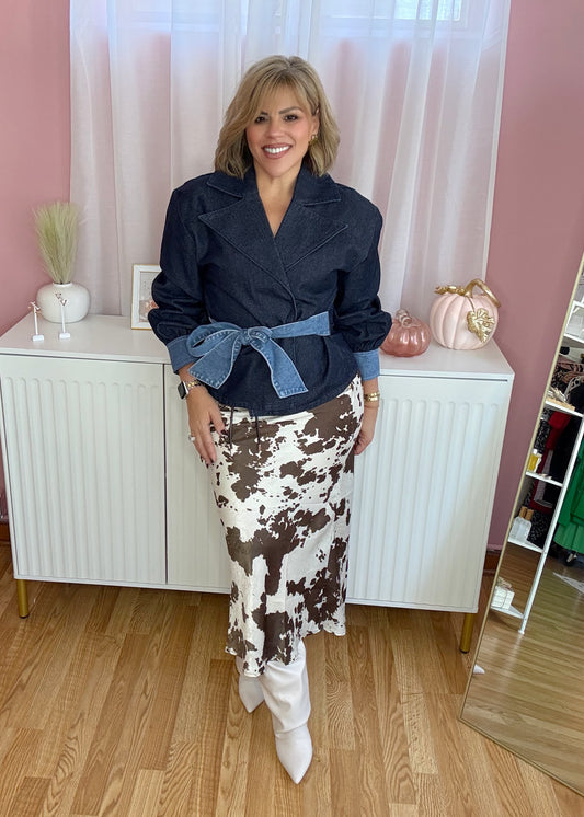 Cowprint Satin Maxi Skirt with Leather Cord Belt