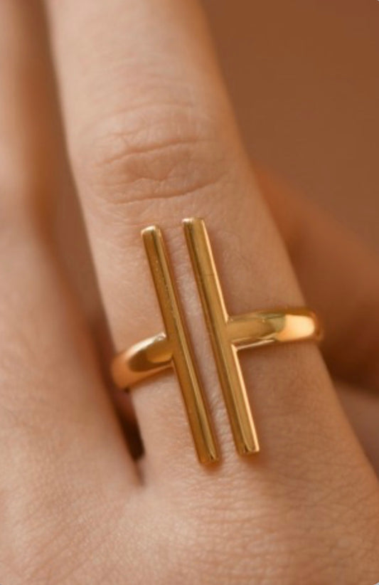 Modern Cross Bar Gold Plated Stainless Steel Ring