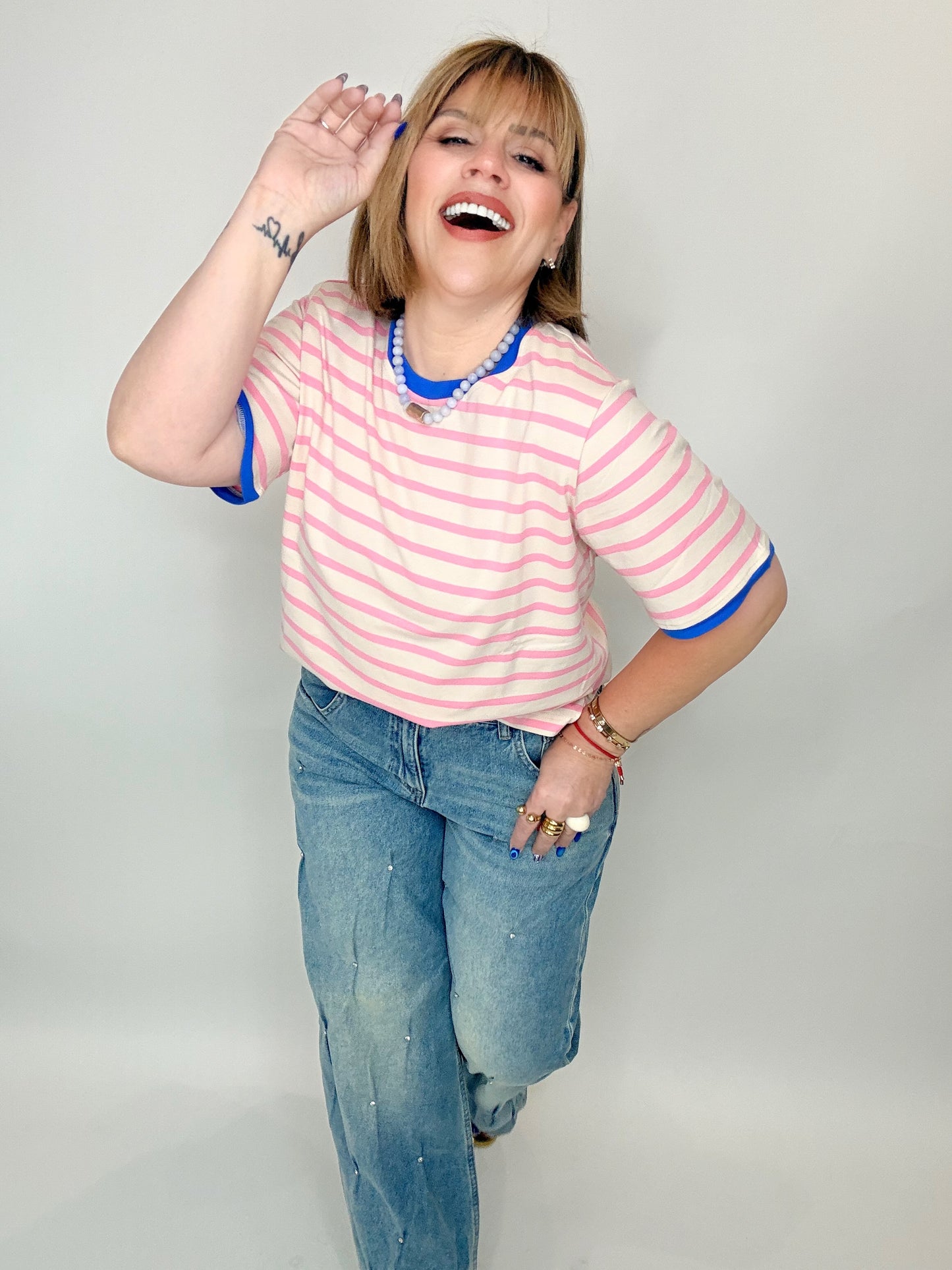 Pink Stripe Contrast Tee