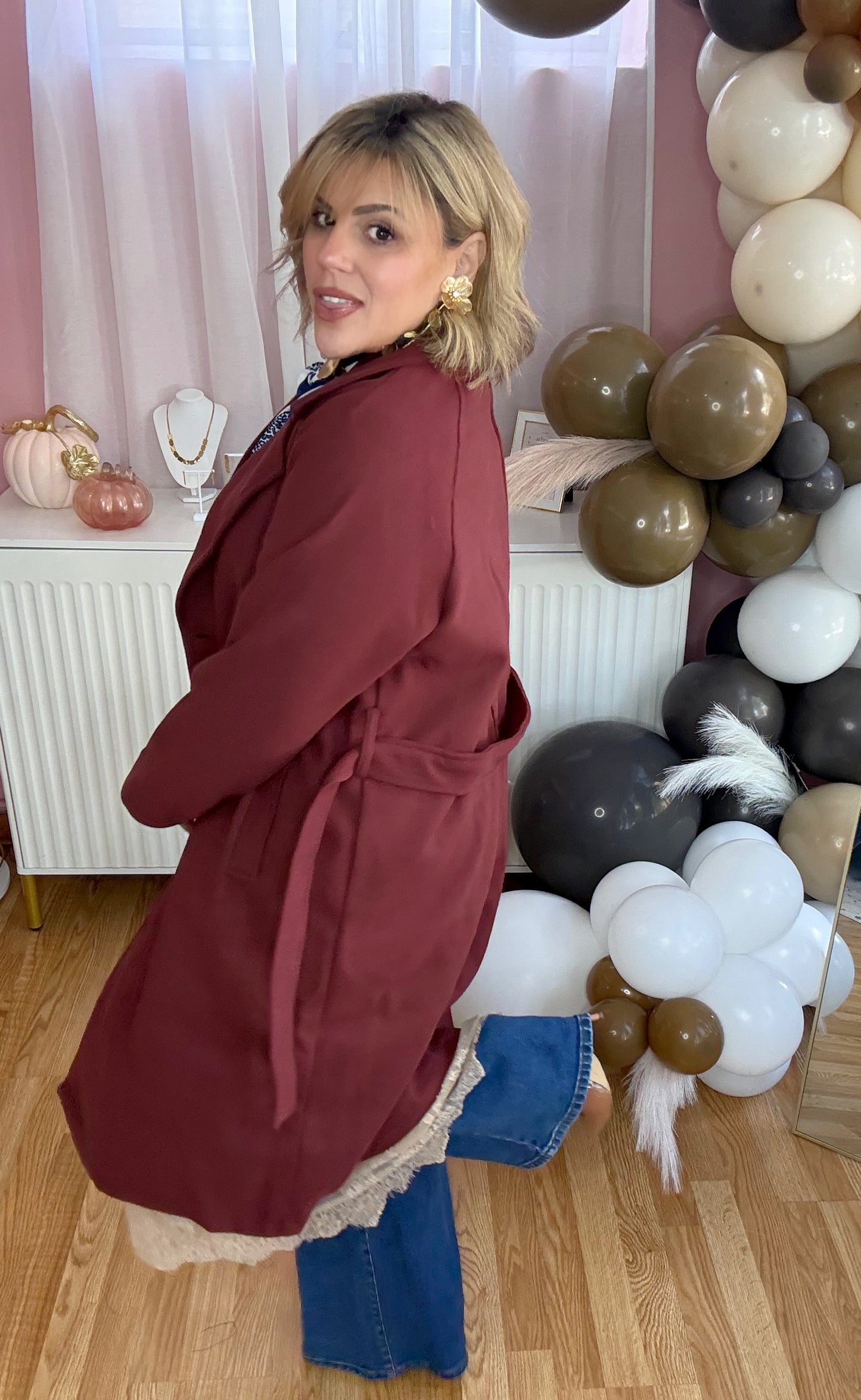 *LAST LARGE* Burgundy Double-Breasted Soft Felt Trench Coat