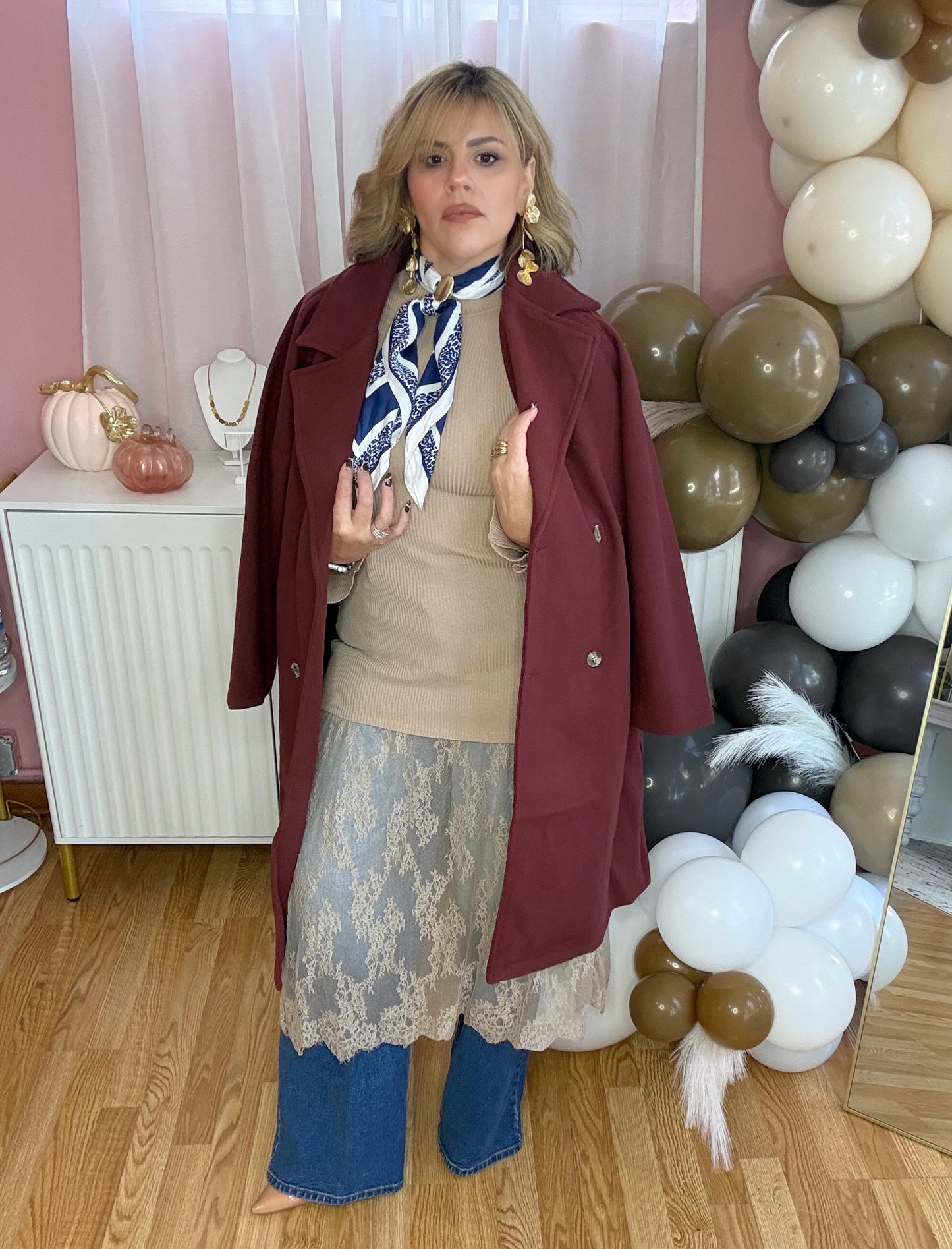 *LAST LARGE* Burgundy Double-Breasted Soft Felt Trench Coat