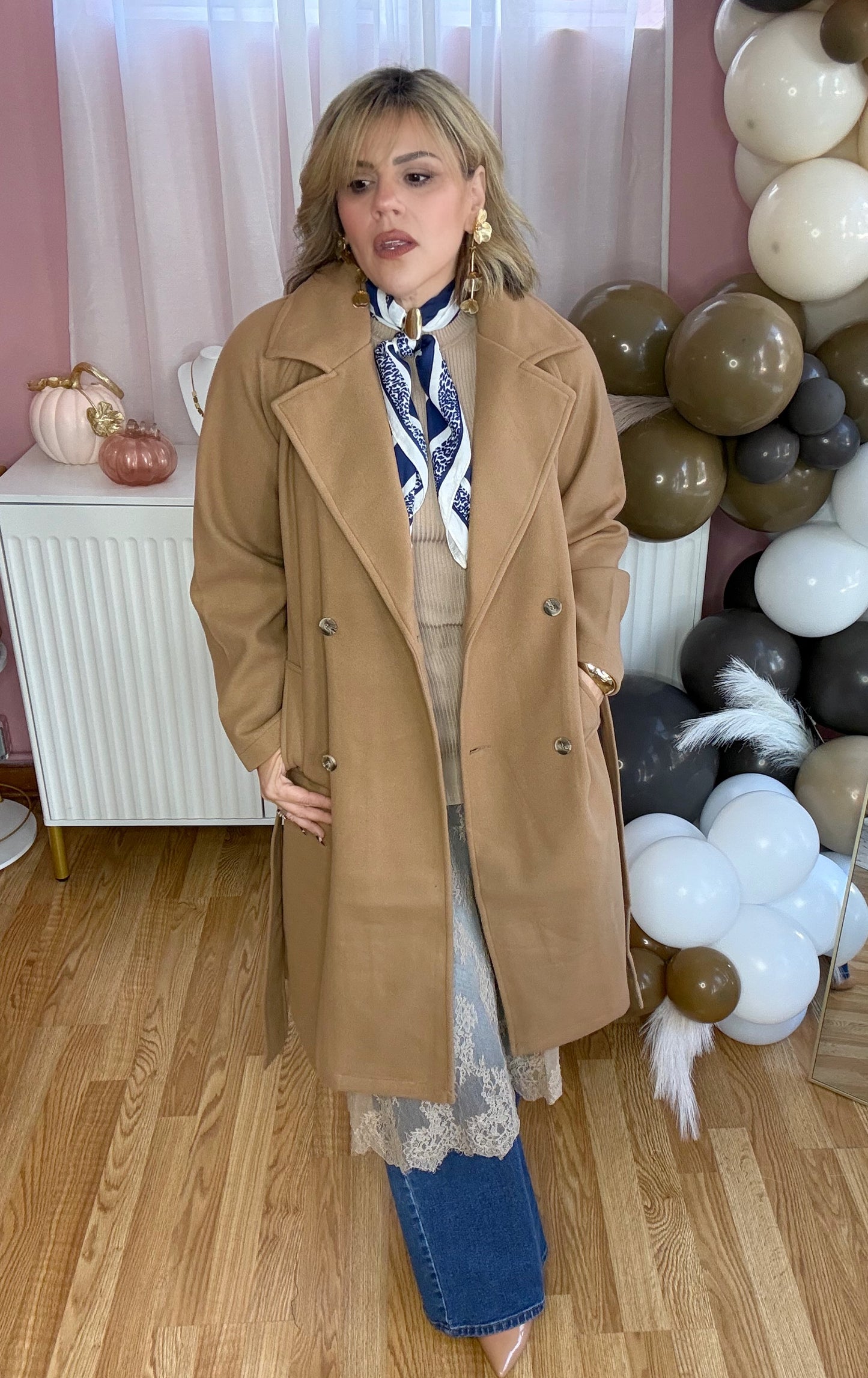 Khaki Camel Double-Breasted Soft Felt Trench Coat