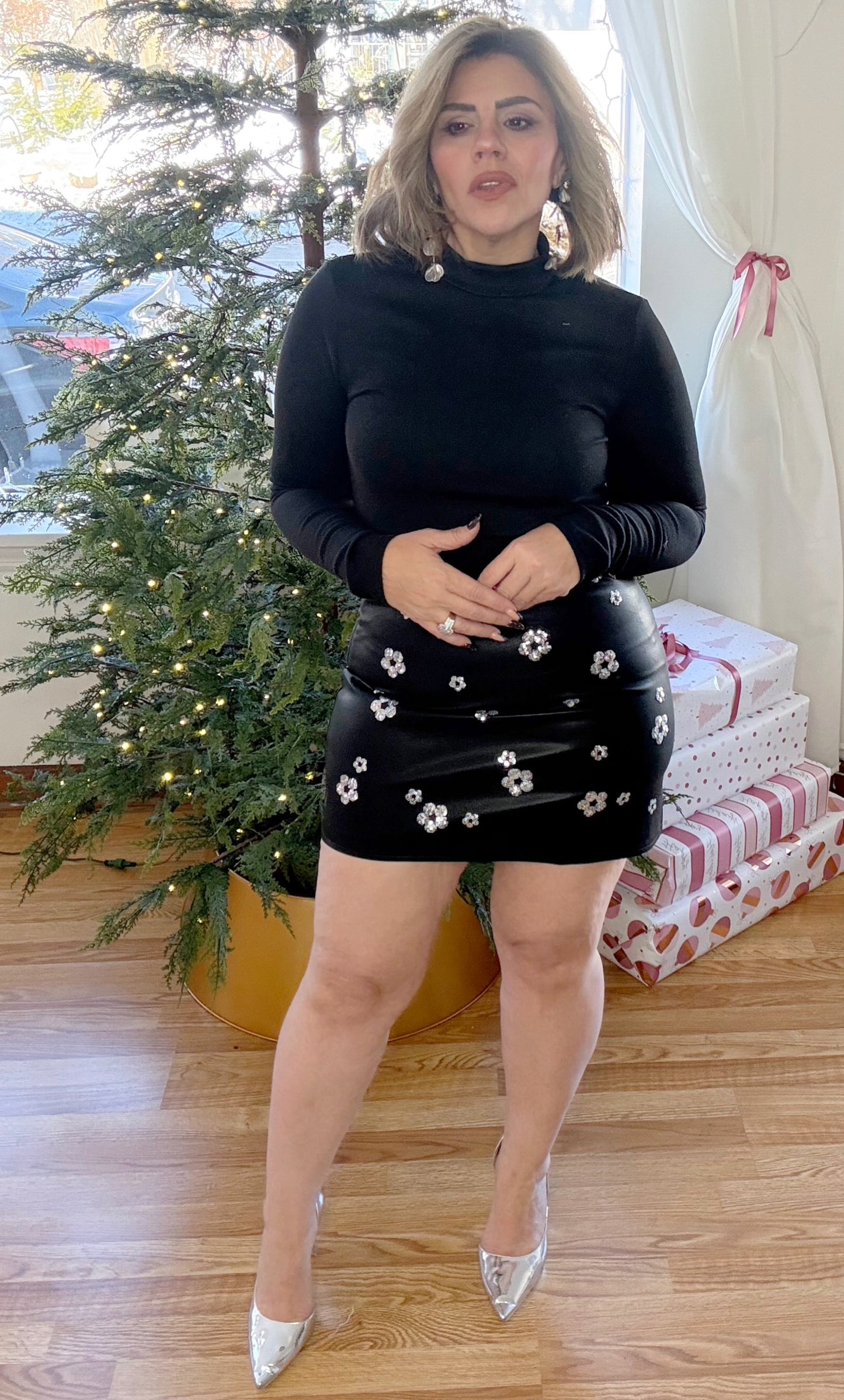 Sequin Daisy Leather Mini Skirt